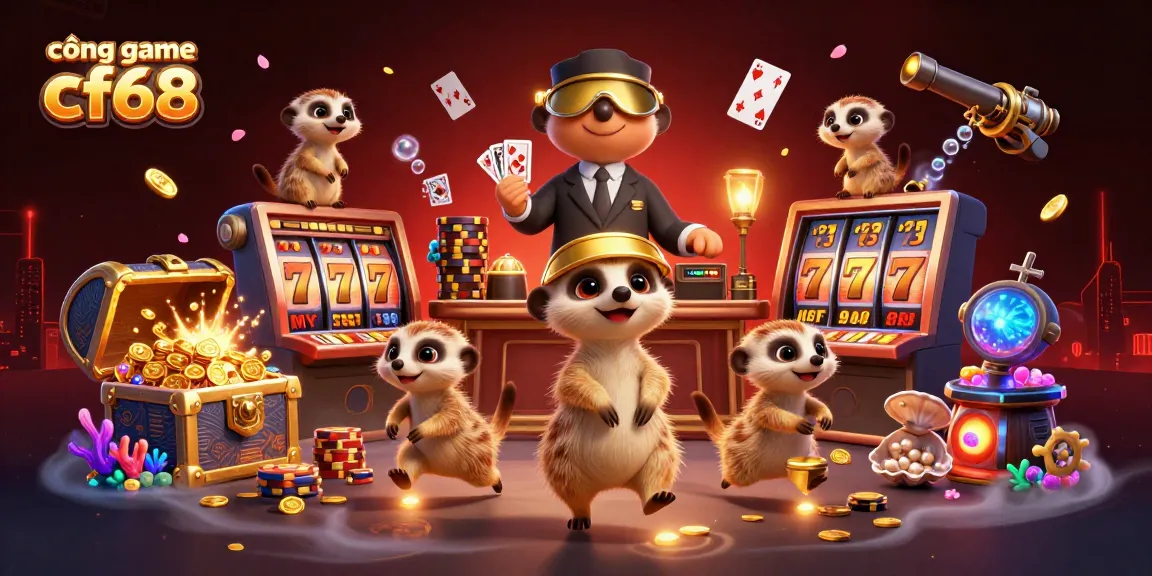 Engage in gaming thrills at cổng game cf68 with lively meerkats in a vibrant casino setting.