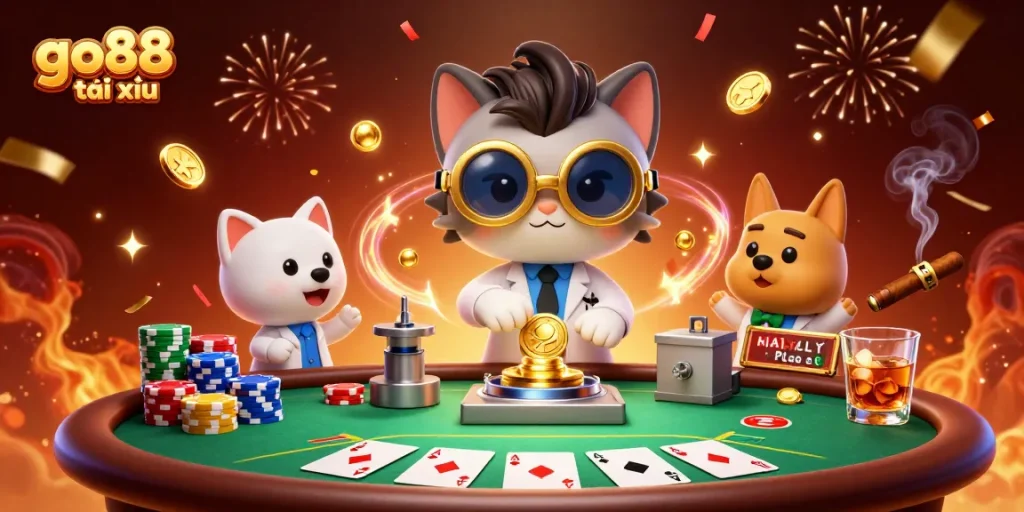 Seize thrilling moments with go88 tài xỉu at a vibrant casino featuring cartoon characters, poker elements, and festive atmosphere.