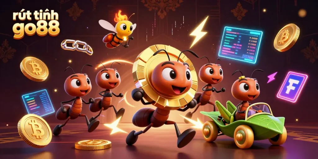 Engage with the rút tiền go88 process as cartoon ants heist a giant poker chip amid glowing crypto coins.