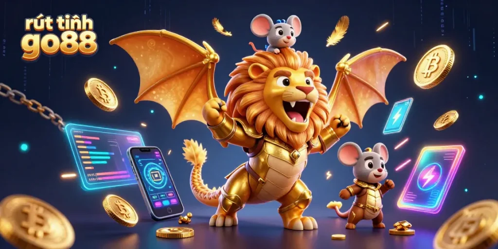 Experience rút tiền go88 in this vibrant casino scene showcasing lively characters and crypto elements.