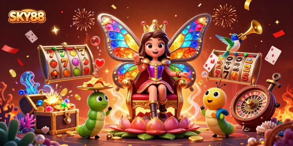 Engage with SKY88's vibrant 3D illustration showcasing thrilling slots and casino charm.