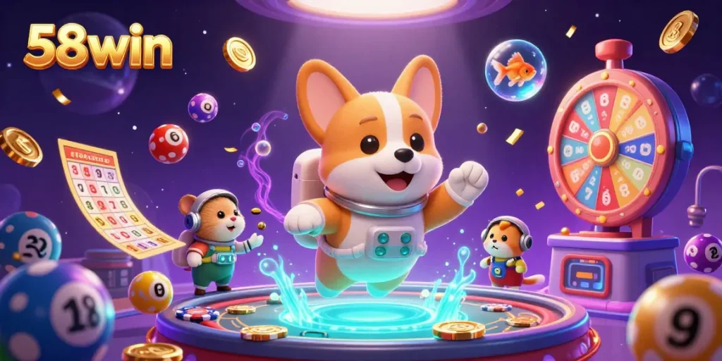 Experience the thrilling world of 58win as a cartoon corgi astronaut navigates a dynamic casino atmosphere.