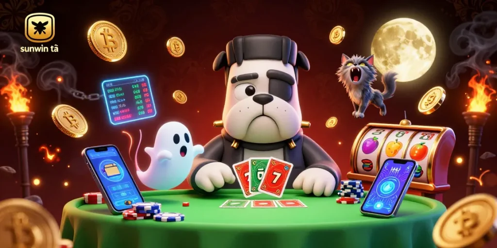Experience sunwin tải with Frankenstein dealer and spooky casino elements in vibrant 3D illustration.