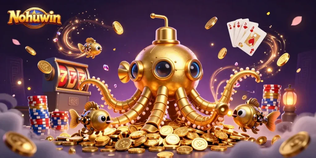 Nohuwin entices players with vibrant slot reels and treasures in this 3D casino illustration