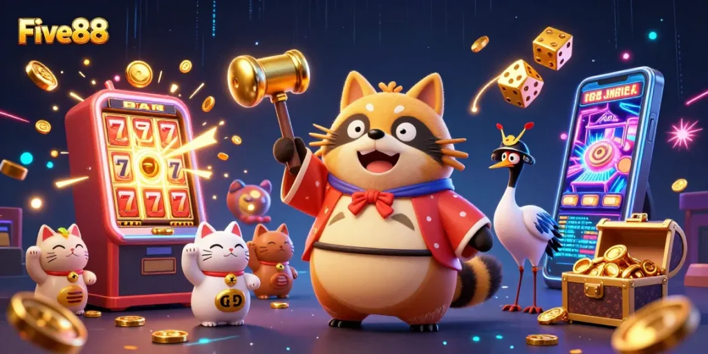 Five88 casino scene featuring a cheerful tanuki, jackpot slot machine, and colorful fortune cats celebrating wins.