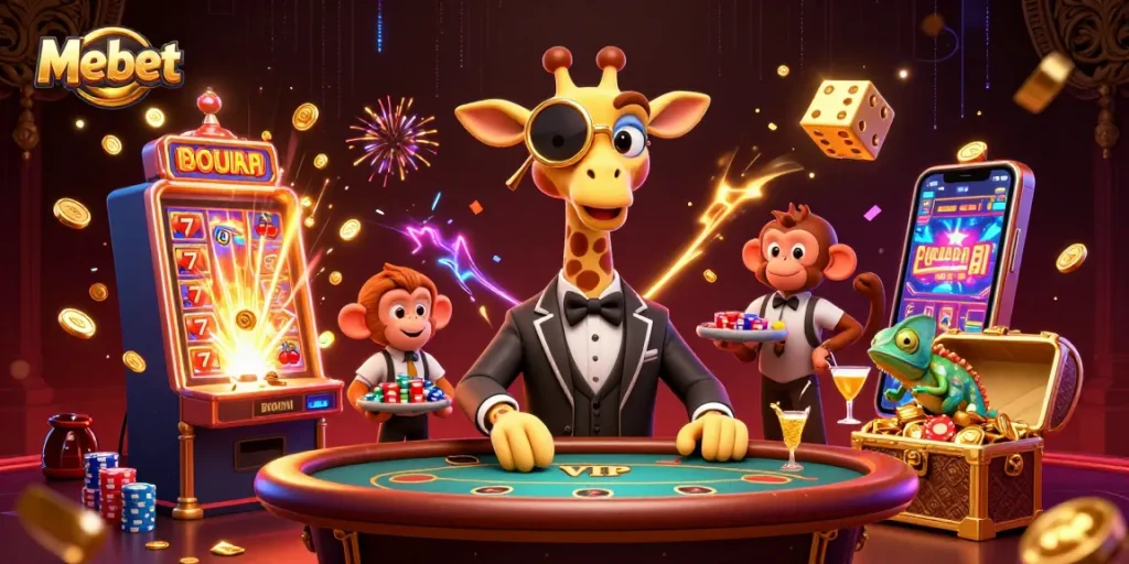 Mebet enhances the thrill of gambling with a vibrant 3D casino scene, showcasing high-stakes play and rich graphics.