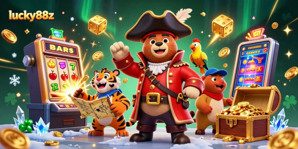 Experience big wins at lucky88z with vibrant casino scenes of cartoon pirates, slots, and treasure!