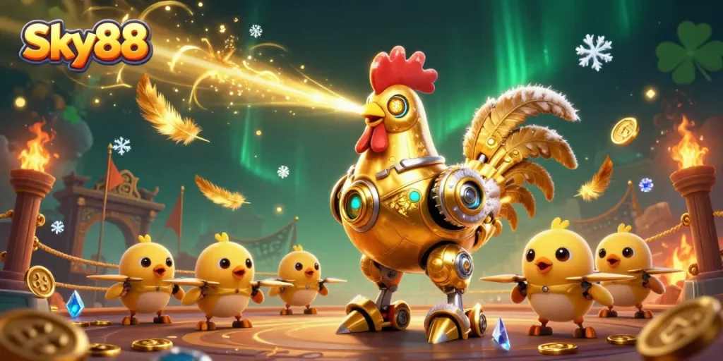 Engage in thrilling bets with Sky88, featuring a dynamic 3D golden rooster robot in an adventurous casino setting.