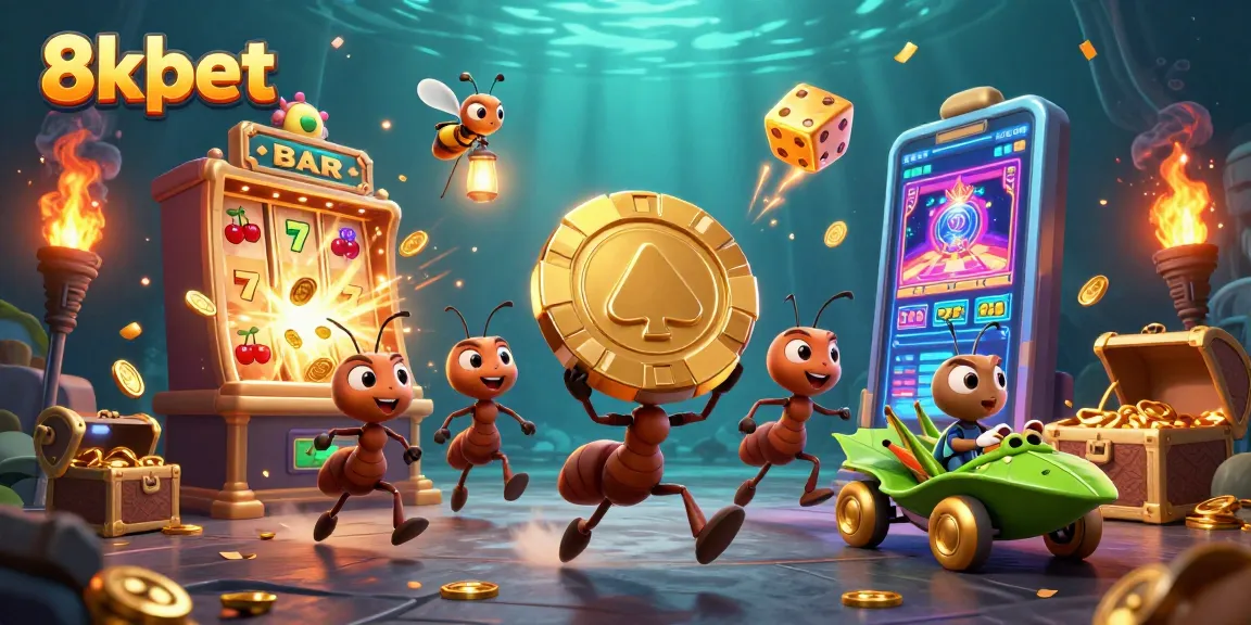 8xbet team of ants skillfully carrying a giant poker chip through a vibrant casino heist scene.