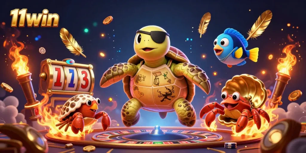 Experience the thrill of gaming at 11win with this vibrant casino-themed illustration featuring a cartoon pirate turtle and treasure.