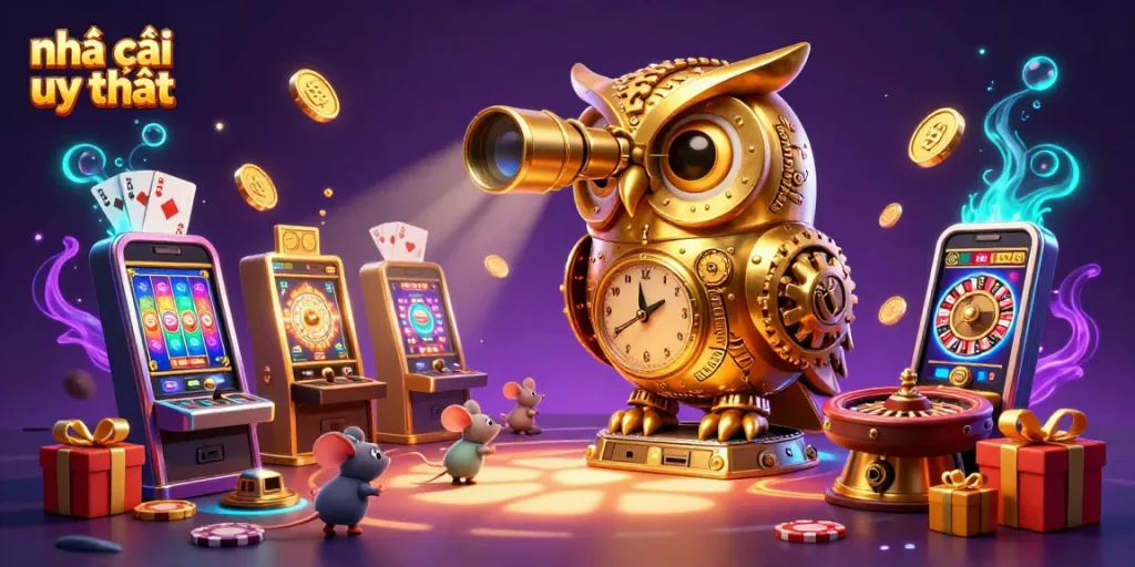 Engaging illustration showcasing the vibrant casino world of nhà cái uy tín with an owl mascot and dynamic gaming elements.
