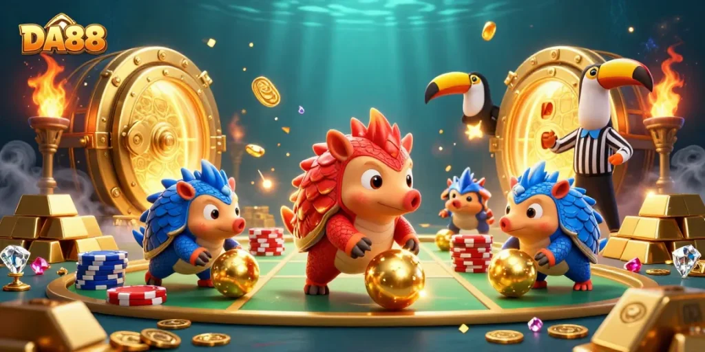 Engage with the vibrant DA88 casino scene featuring cartoon pangolins bowling through poker chips amidst golden treasures.
