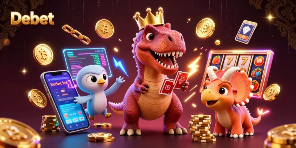 Engage with Debet in this vibrant casino scene featuring T-Rex and friends amidst neon slot games.