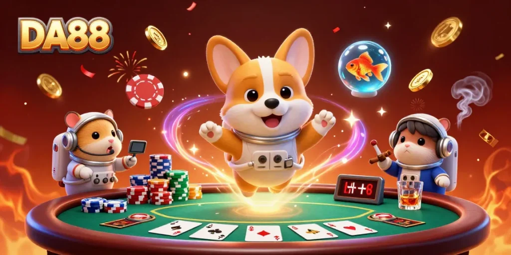 Engage in the thrilling world of DA88 as a corgi astronaut explores a floating casino