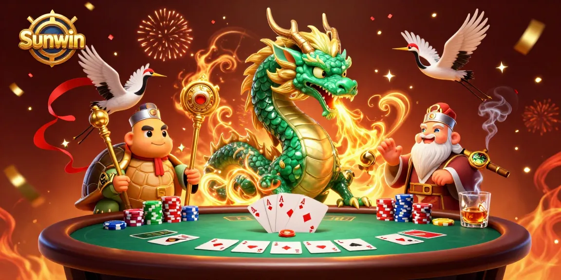 Experience the excitement of Sunwin with a vibrant poker scene featuring a jade dragon and lucky cranes.