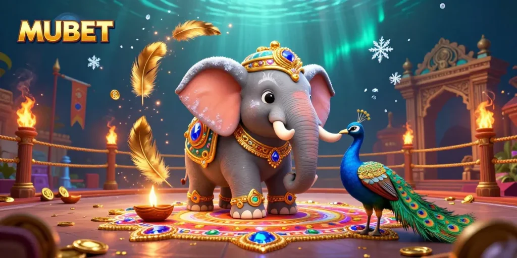 MUBET showcases a vibrant 3D digital illustration featuring a Diwali-themed elephant surrounded by gambling elements.