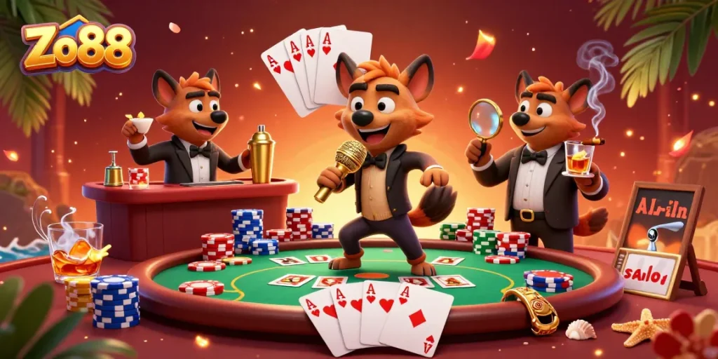 Experience Zo88's vibrant comedy casino club with hyenas entertaining guests, lively games, and rich decorations.