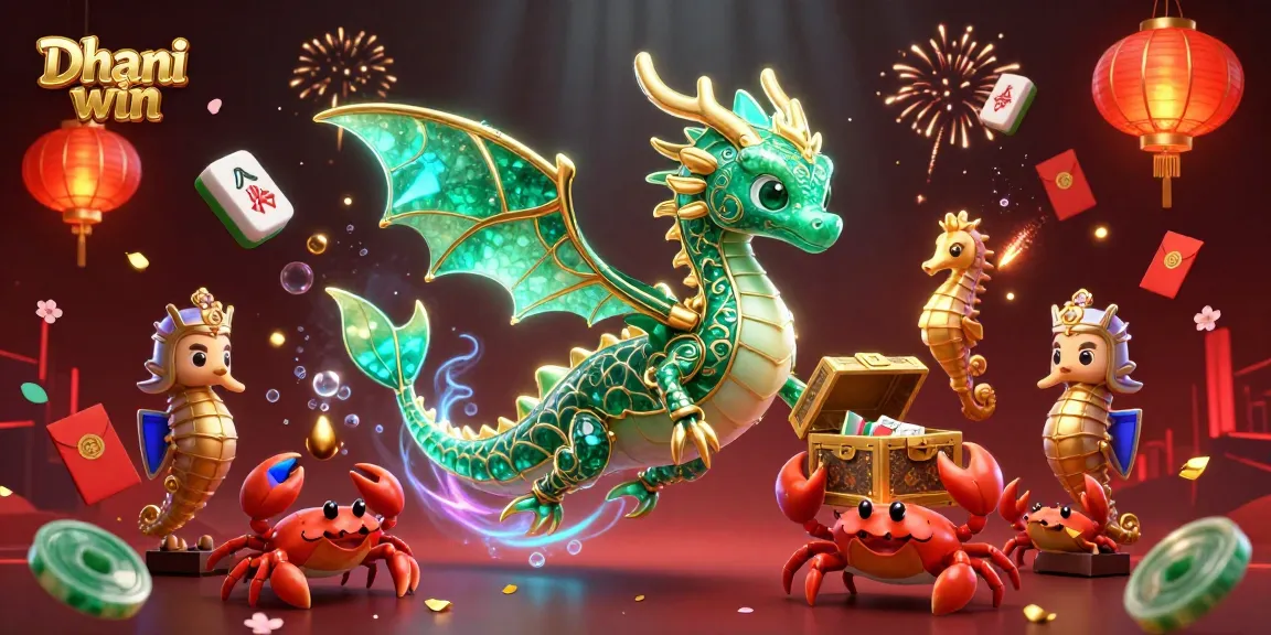 Dhani win gaming illustration featuring an emerald sea dragon with golden details amidst vibrant casino elements.