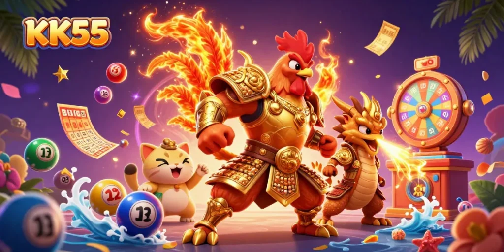 Engage with exciting games at KK55, showcasing vibrant lottery balls and dynamic gaming energy.