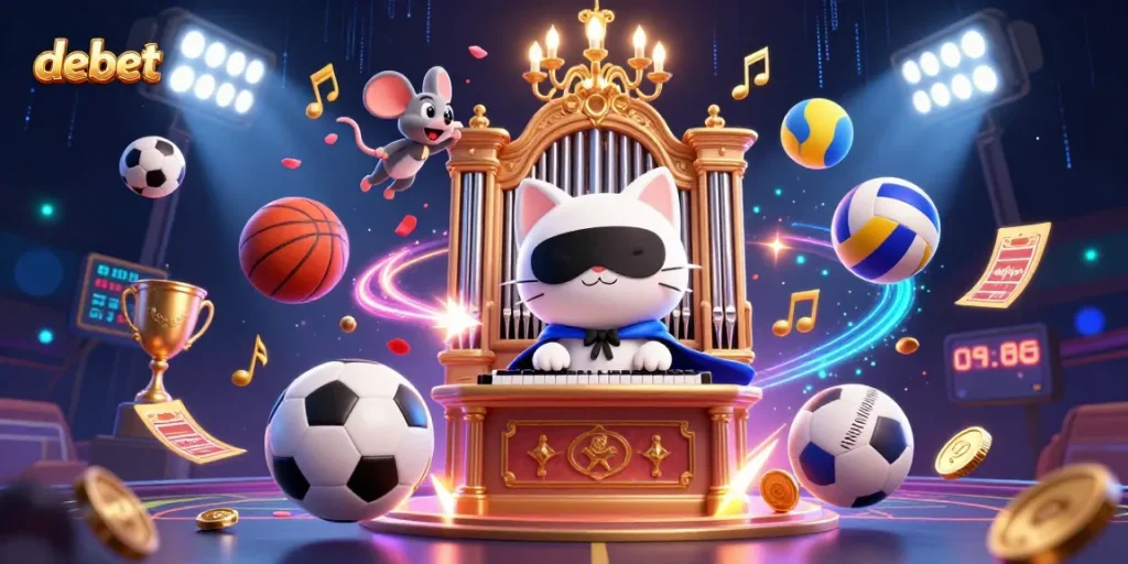 Experience the dynamic thrills of debet with whimsical casino characters set against vibrant sports elements.