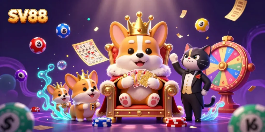 SV88 promotes winning moments in an electrifying casino scene with vibrant games and animated elements.