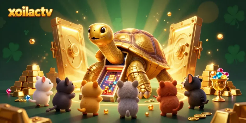 Xoilactv entertains with a colossal golden tortoise in a vibrant casino-themed scene.