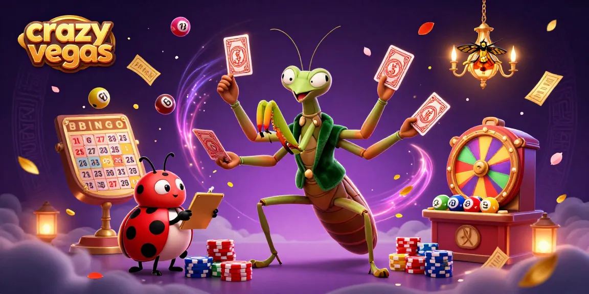 Crazy Vegas showcases a vibrant casino scene with a giant praying mantis card sharp, ladybug pit boss, and colorful lottery elements.