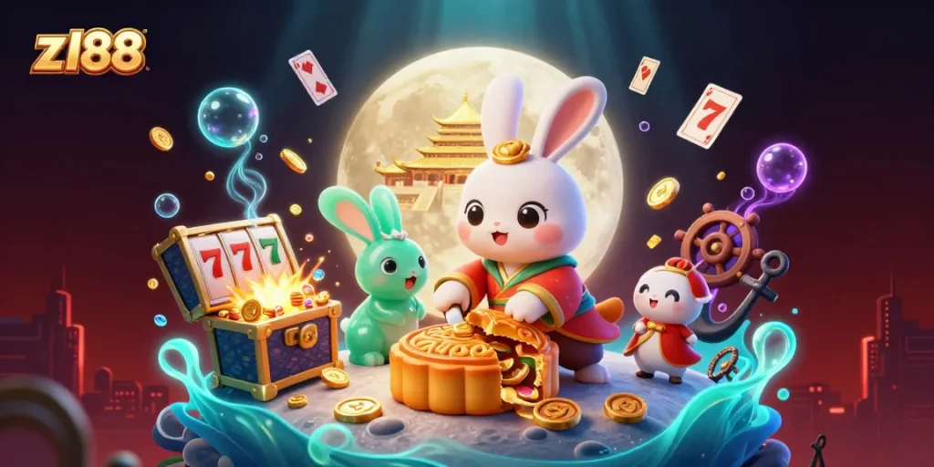 Win at z188 with a vibrant 3D illustration showcasing a moon rabbit and slot reels over a dynamic casino scene.