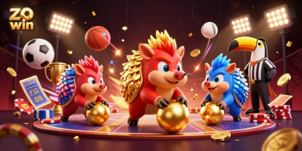 Zowin captivates players with rival pangolins battling through poker chips amidst dynamic sports elements.
