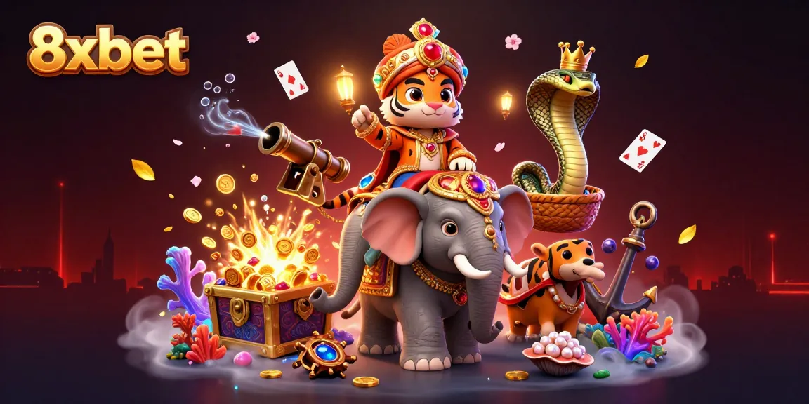 Experience vibrant gaming excitement with 8xbet, featuring a majestic maharaja, jewel elephant, and treasure elements.