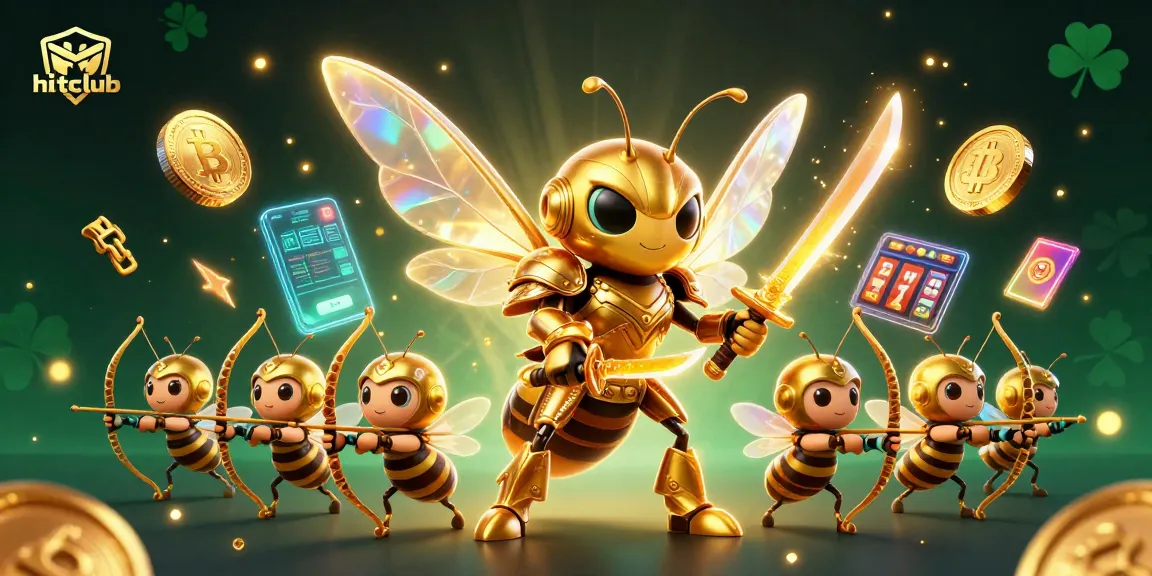 Engage with hitclub's vibrant casino art featuring a dynamic samurai hornet and bee archers surrounded by slot reels.