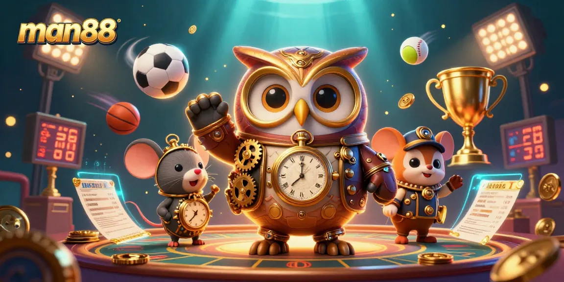 Experience thrilling sports betting with man88 amid cartoon owls and vibrant casino elements.