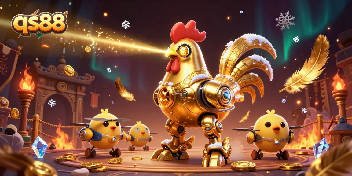 Engage in thrilling action at qs88 with a golden rooster robot and dynamic casino-themed elements.