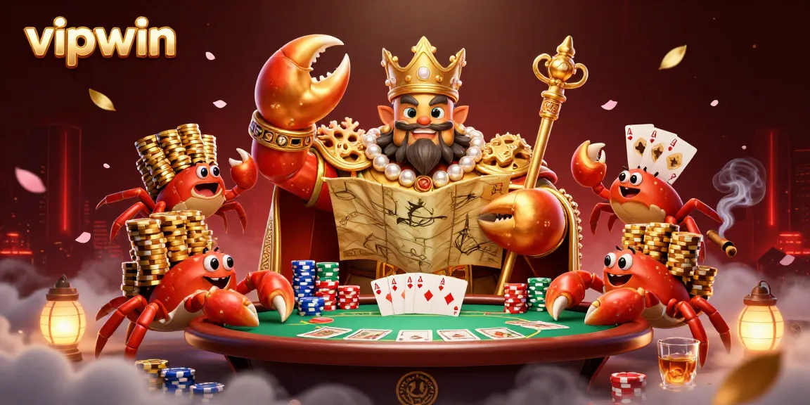 Engage with the vibrant world of vipwin through a dynamic casino scene featuring a golden crab emperor and charming casino elements.