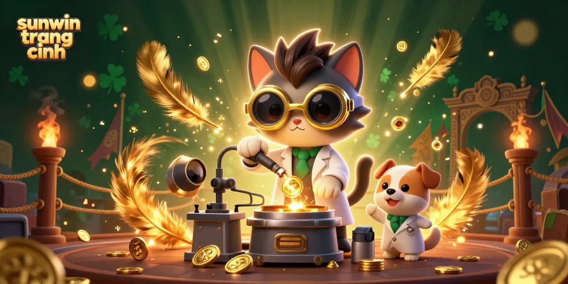 Engage in thrills at sunwin trang chính with a dynamic 3D scene of a scientist cat and assistant creating wealth.