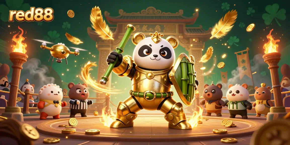 Experience intense action with red88's 3D panda piloting a robot in a vibrant casino arena.