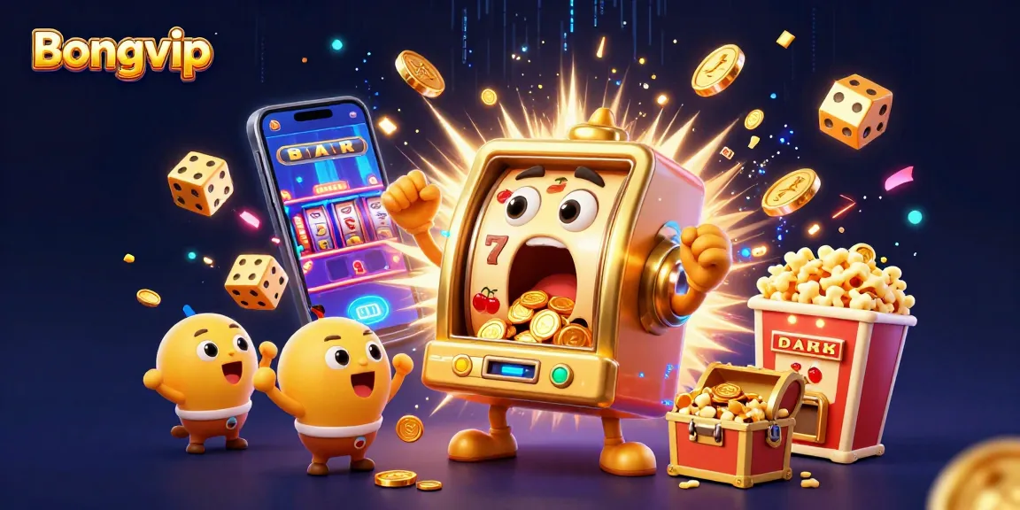 Bongvip's golden slot machine hits a jackpot, surrounded by cheering baby slots and a popcorn machine.