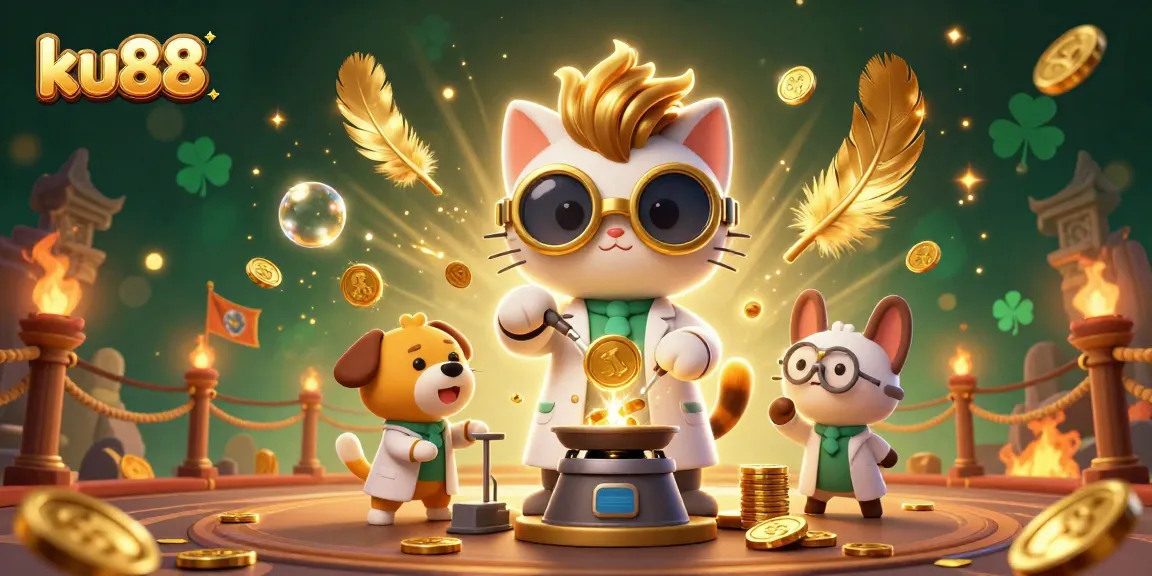 Experience thrilling games with ku88's mad scientist cat and loyal dog amidst shimmering gold.