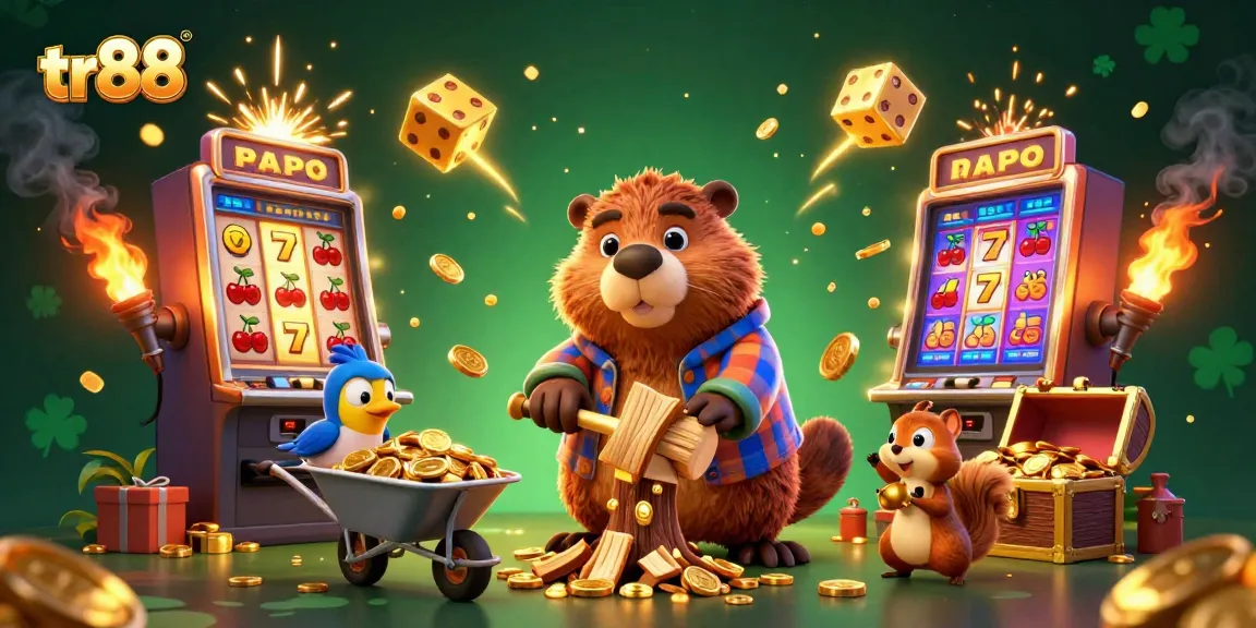 Play thrilling casino games at tr88 with golden coins raining from the jackpot and animated characters.