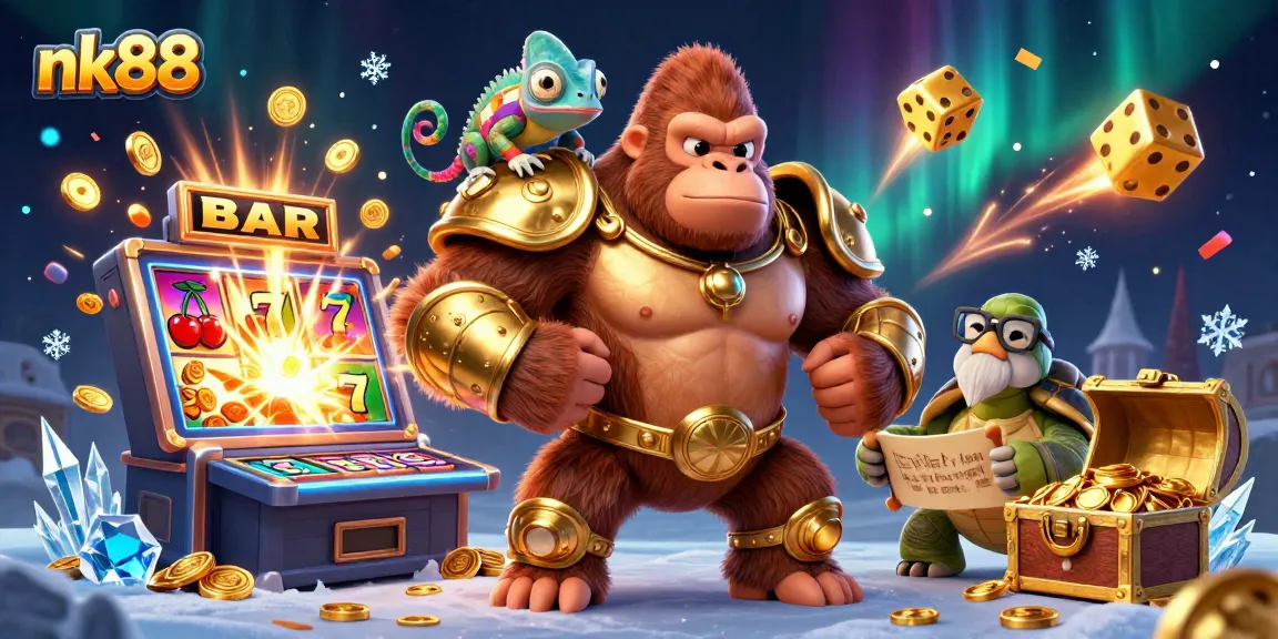 Win big with nk88 amidst a colorful jackpot explosion featuring a powerful gorilla and friends.