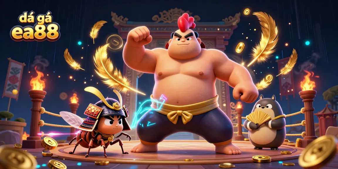 Engage in thrilling đá gà ea88 with powerful sumo rooster and fierce samurai cricket in an action-packed arena.