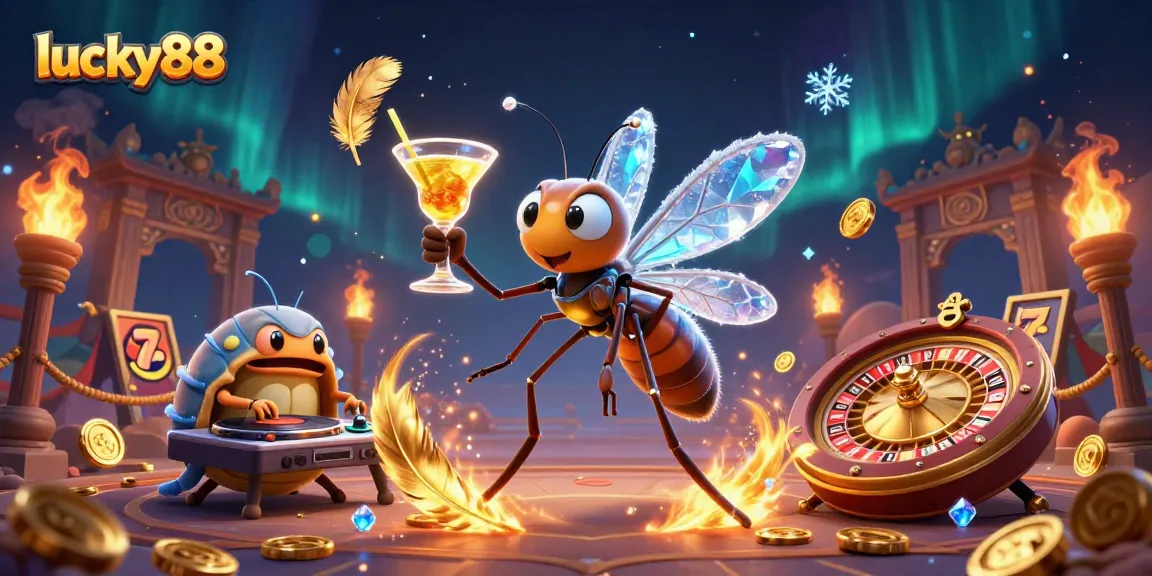 Engage with the lucky88 casino scene featuring dynamic characters, slot reels, and vibrant casino elements.