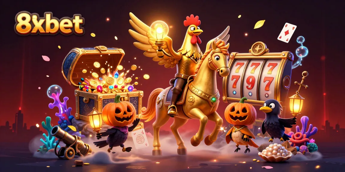 Experience the exhilarating casino atmosphere with 8xbet's dynamic gaming illustration featuring golden rooster and casino elements.