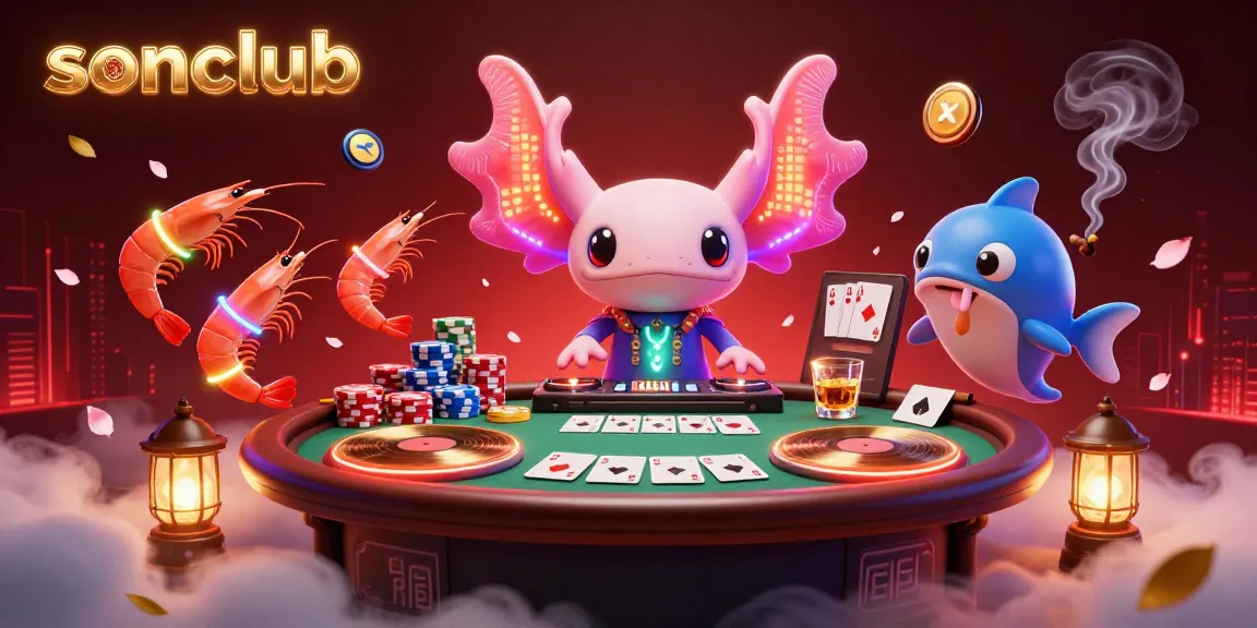 Experience vibrant gaming energy at sonclub with a neon axolotl DJ, poker elements, and lively underwater creatures.