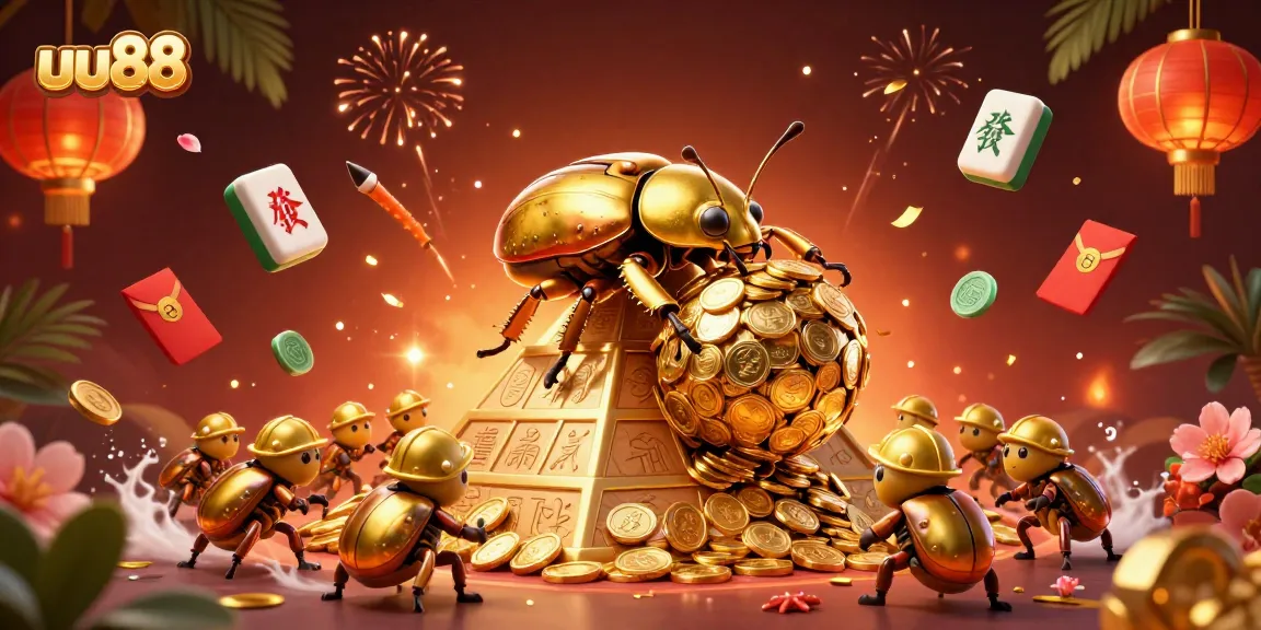 Experience exciting games at uu88 with golden beetles and casino-themed 3D art.